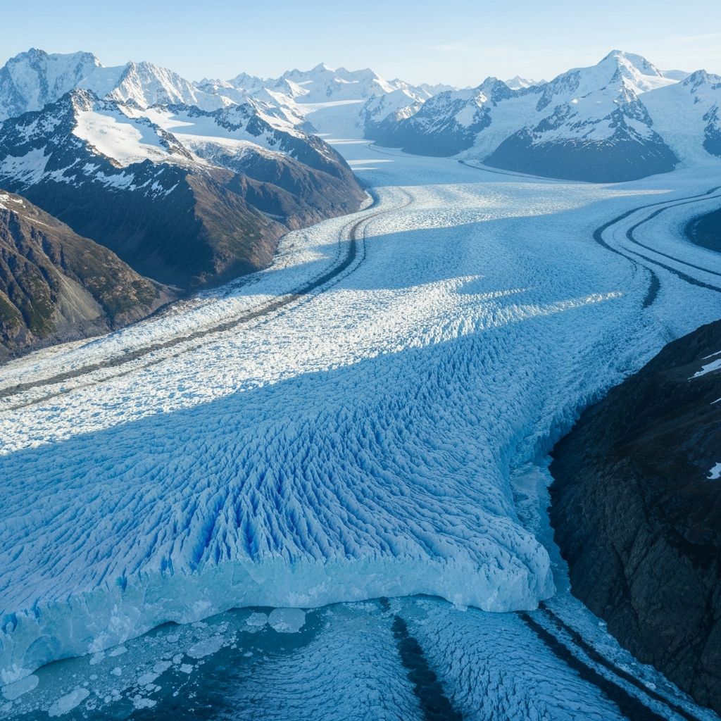 Aerial view of a glacier with blue ice and snow