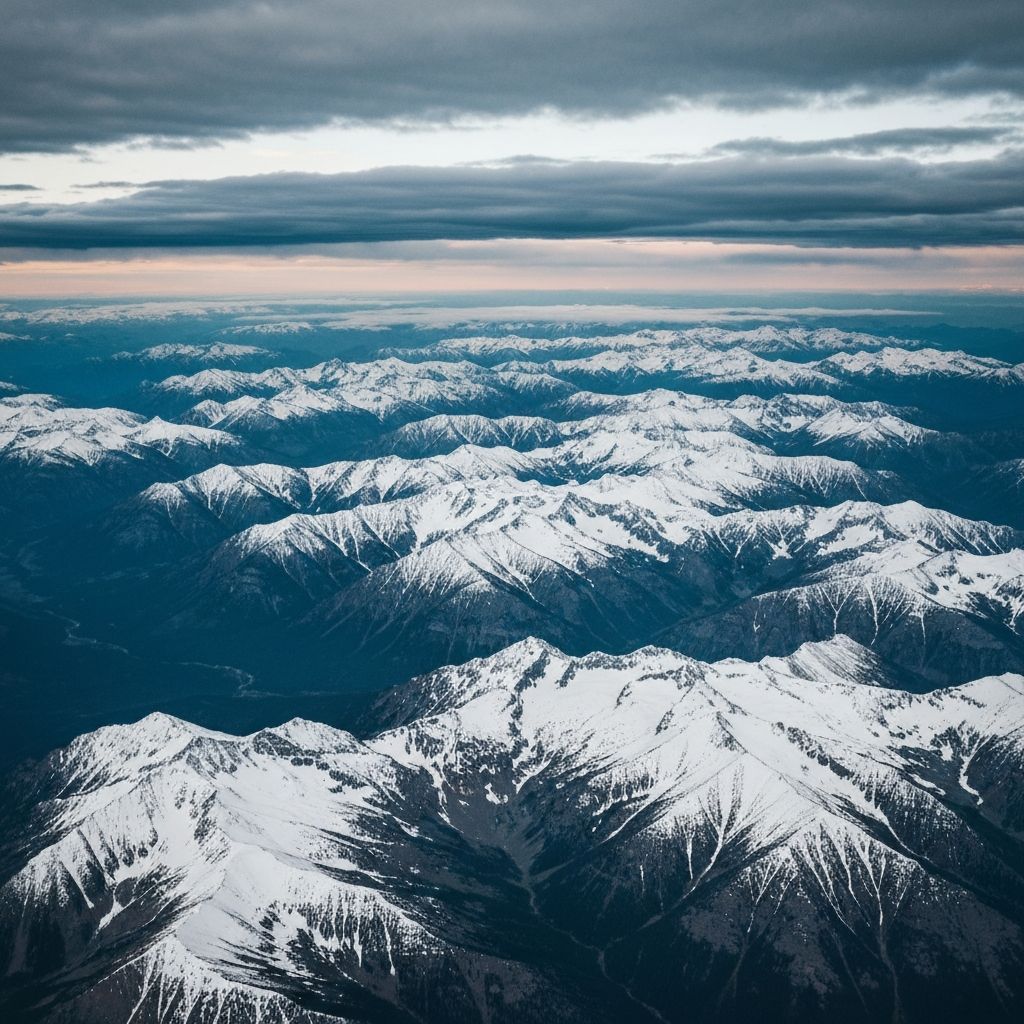 Aerial view of snow-capped Rocky Mountain peaks
